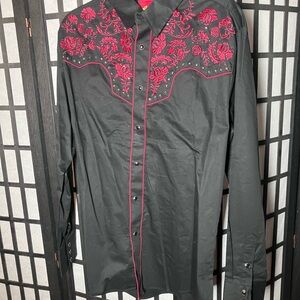 Black and Red Embroidered Men's Casual Button Down Shirt